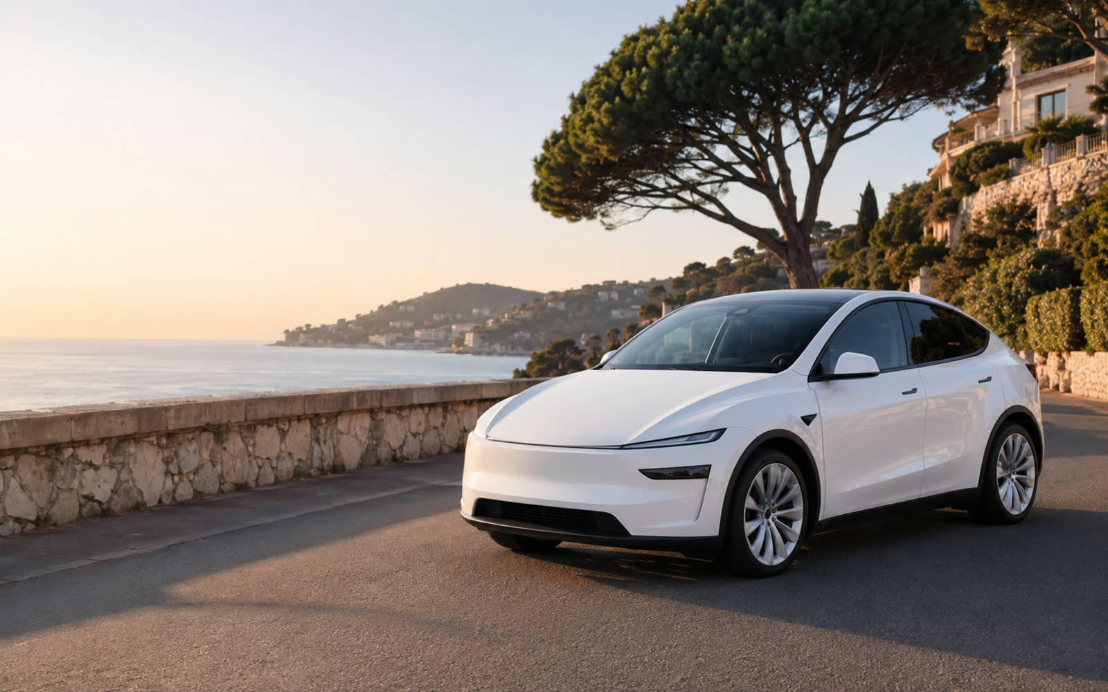 SUV électrique blanc sur la Côte d’Azur au lever du jour